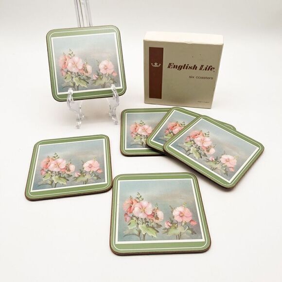 Vintage English Life Hollyhocks Acrylic Cork Back Coaster Set of 6 Original Box - Picture 5 of 9